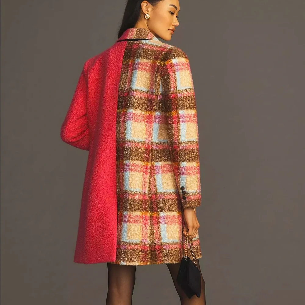 Anthropologie NVLT Plaid Houndstooth Fuchsia Pink Pea Coat Jacket XS 0 2 NWT 💖 - Picture 12 of 13